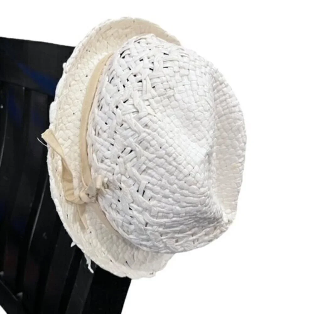 White Paper Bucket Hat Beige Ribbon Summer Sun Beaded Beach Pool Vacation Travel